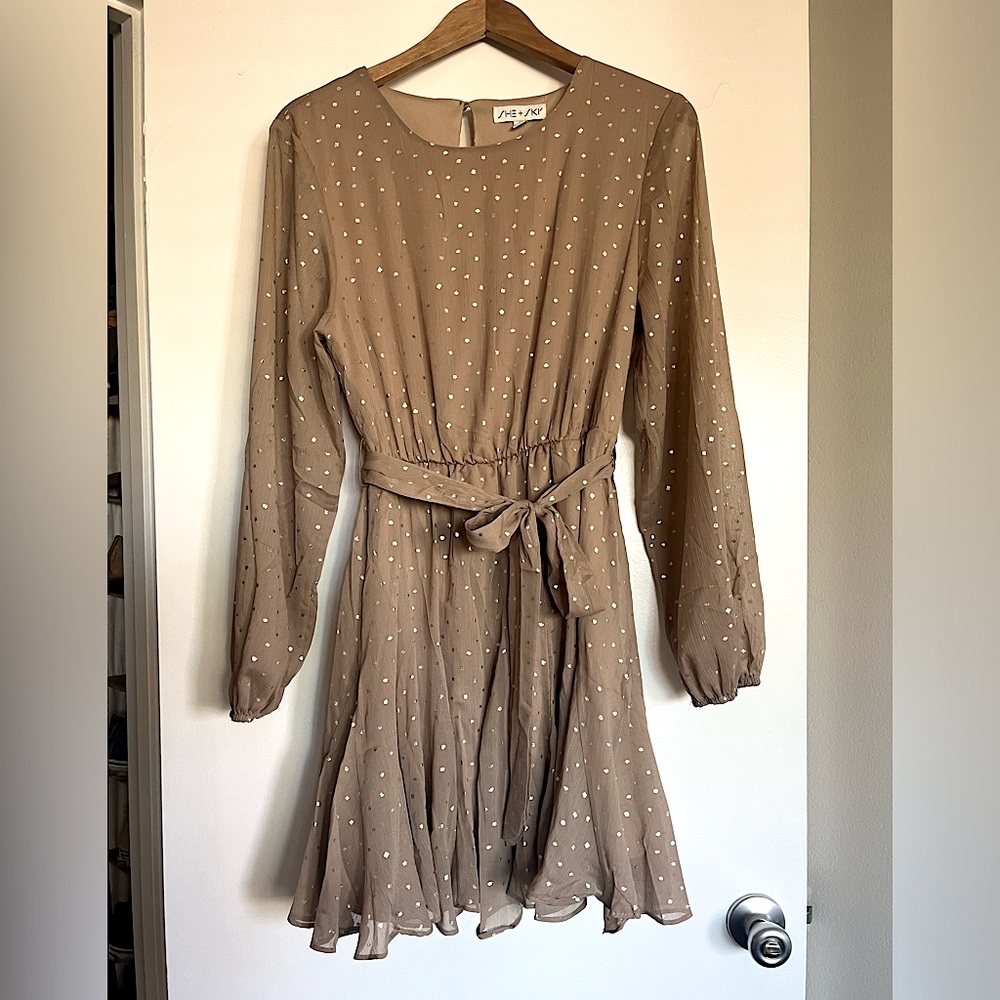 Taupe Long Sleeve Tie-Waist Dress